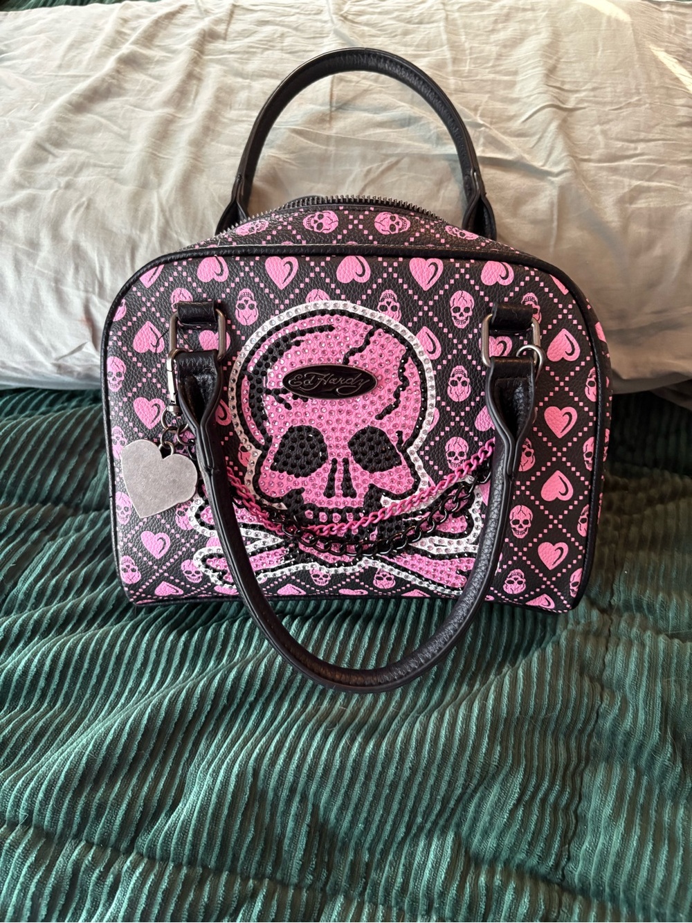 Ed Hardy Pink and Black Skull Dome Crossbody Satchel with Heart Charm